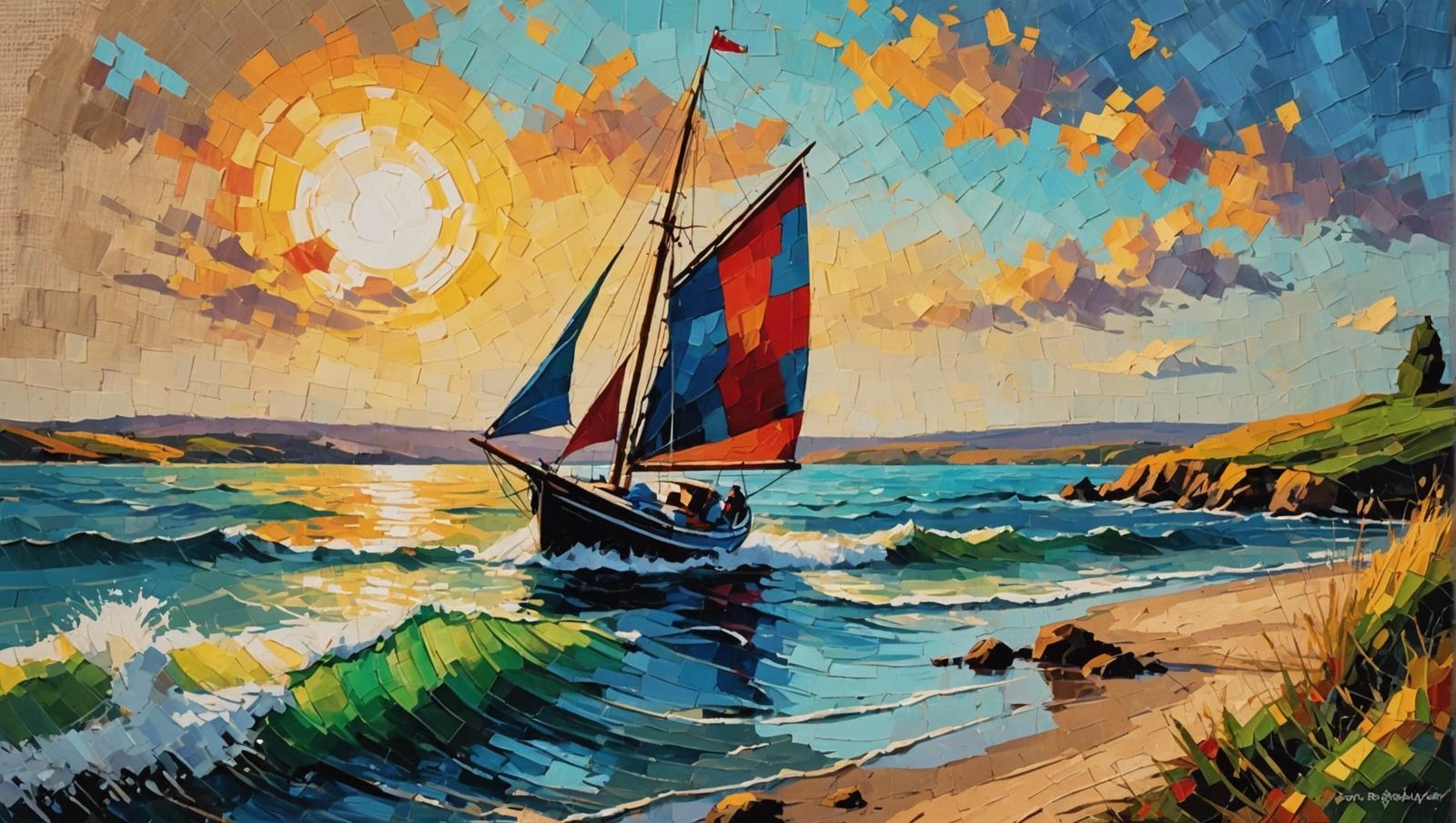 Sailing Boat on Estuary as Impasto Painting