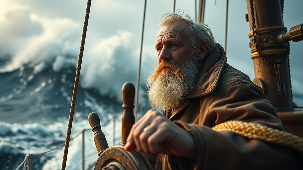 Sailor Navigating Stormy Seas in Cinematic Style
