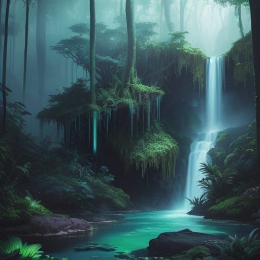 Bioluminescent Jungle Oasis: Fantasy Matte Painting