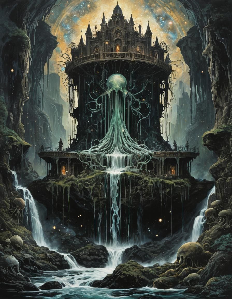 Psychedelic Steampunk Castle with Astral Waterfalls