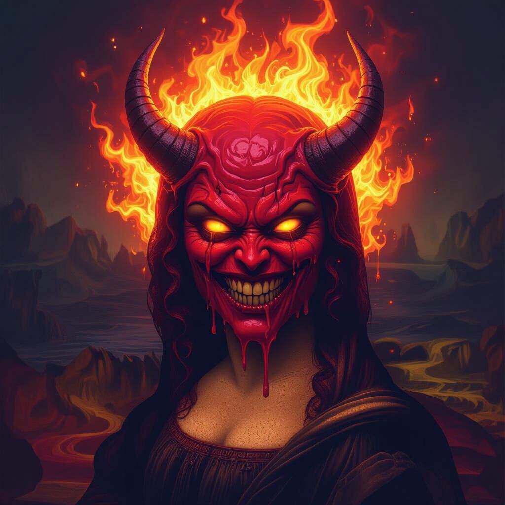 Melting Demon Head in Fiery Inferno, Mona Lisa Style