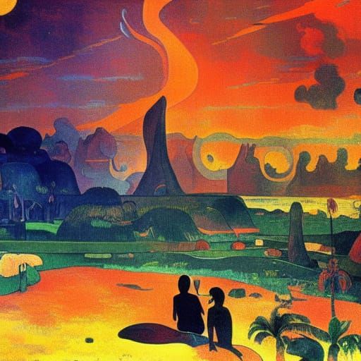 Gauguin Style Fire City Painting