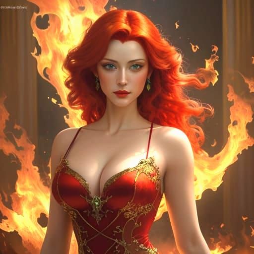 Fiery Woman in Crimson Gown: Impasto Oil Painting