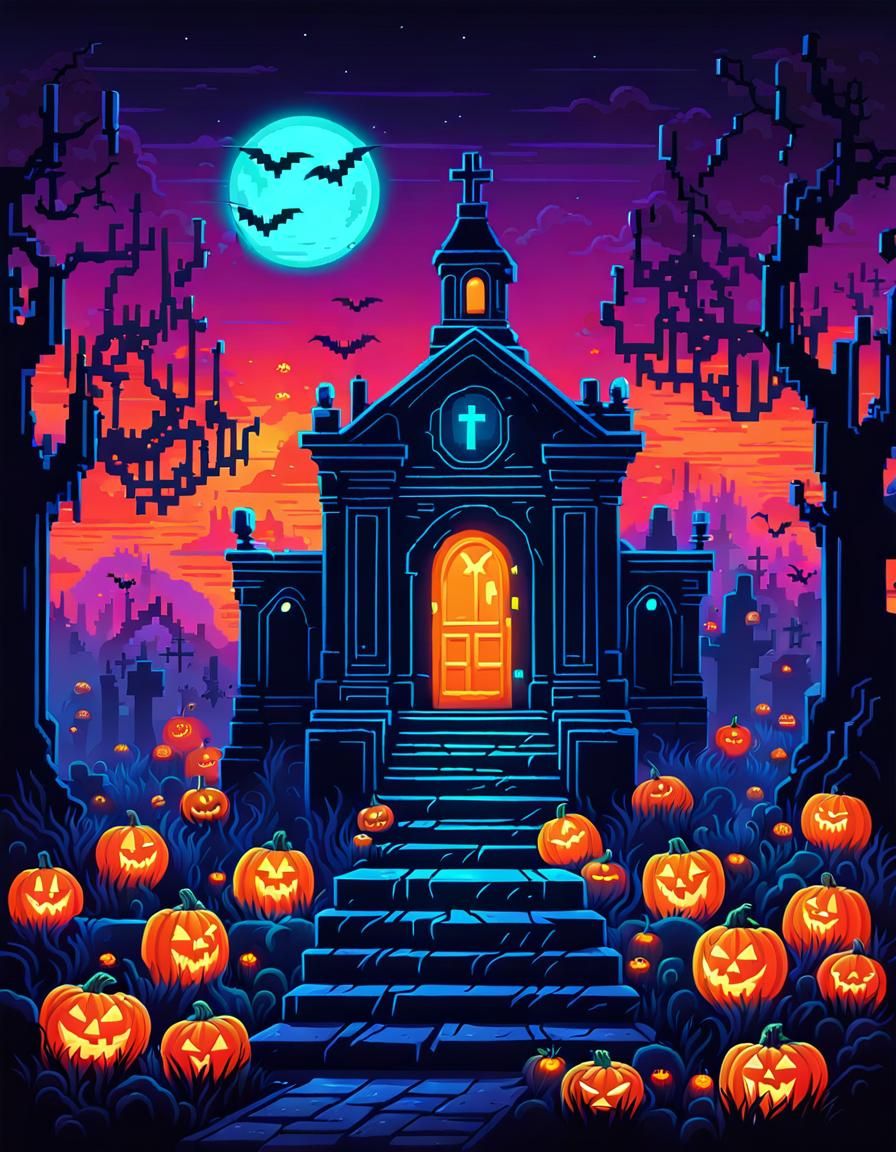 Ghost in Graveyard: Pixel Art Neon Halloween