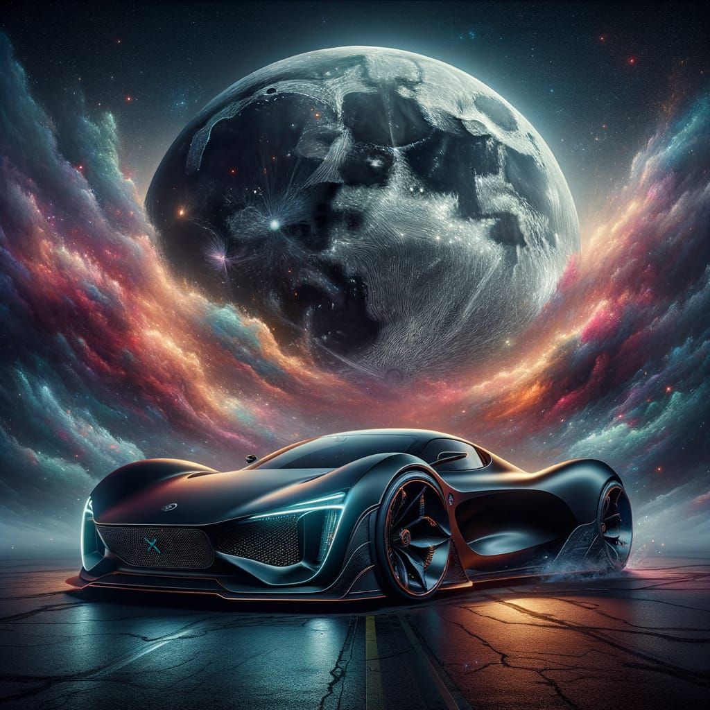 Blacked-Out Electric Car with Full Moon Backdrop