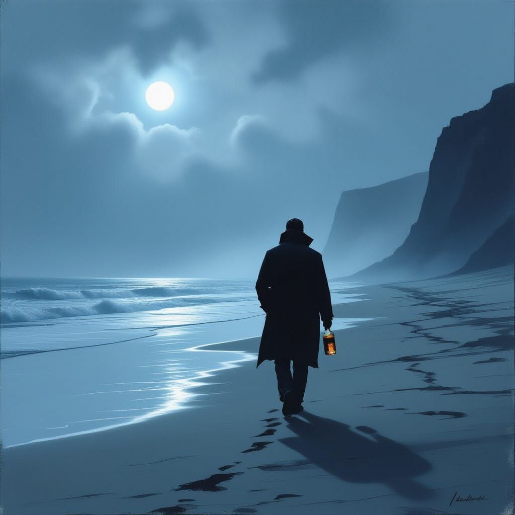 Man Walking Beach With Whisky on Misty Moonlit Night
