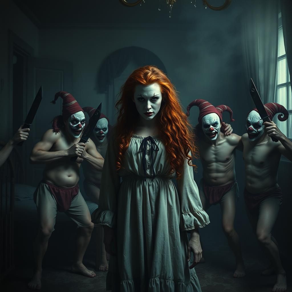 A frantic long curly redhead female mime in a nightgown bein...