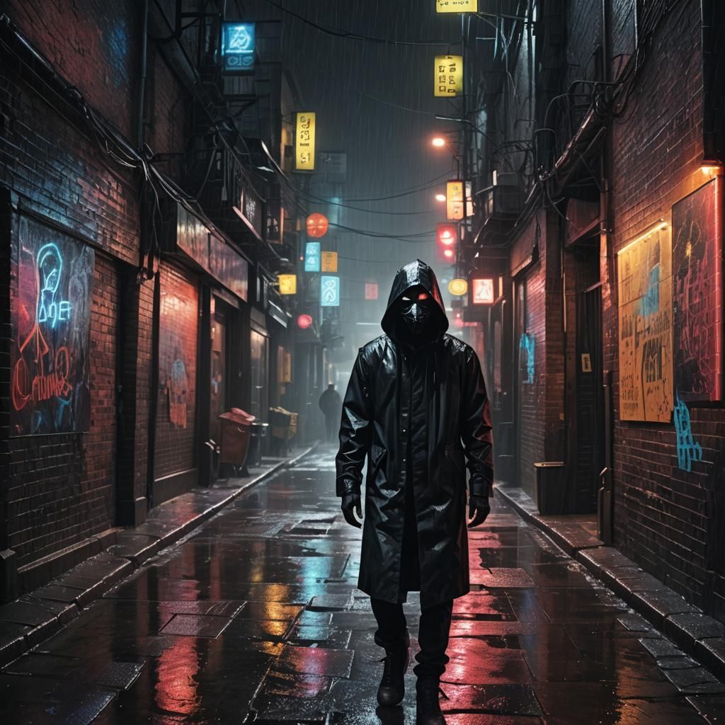 Masked Figure in Alleyway: Dark Fantasy Digital Art