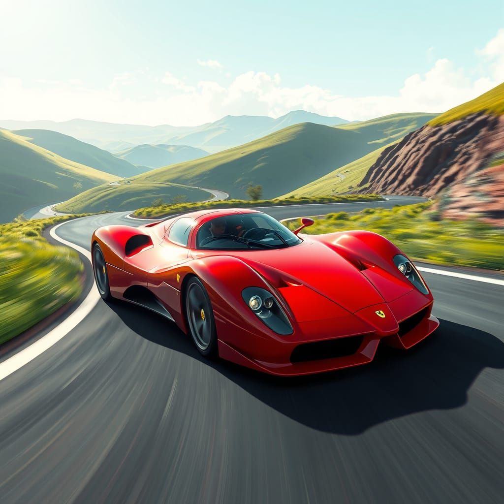 Futuristic Ferrari Speeds Down Winding Road in Vibrant Styli...