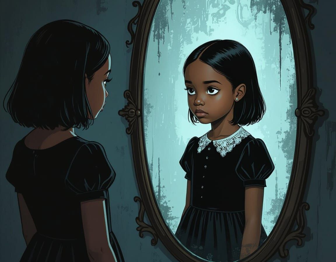 Gothic Girl in Dim Light Reflects in Mirror