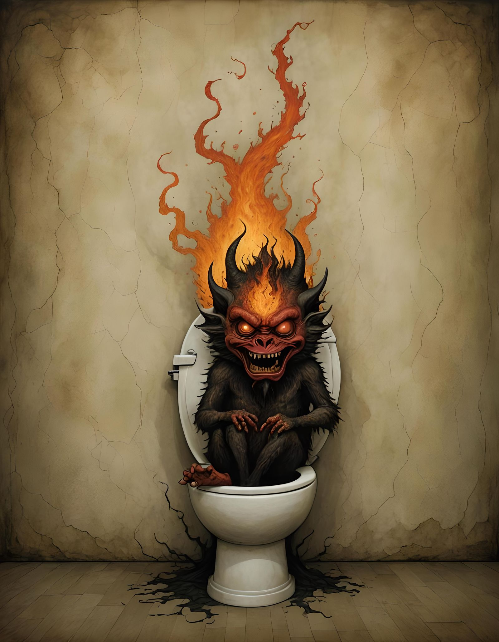 Balinese Demon Emerges from Toilet in Hellscape