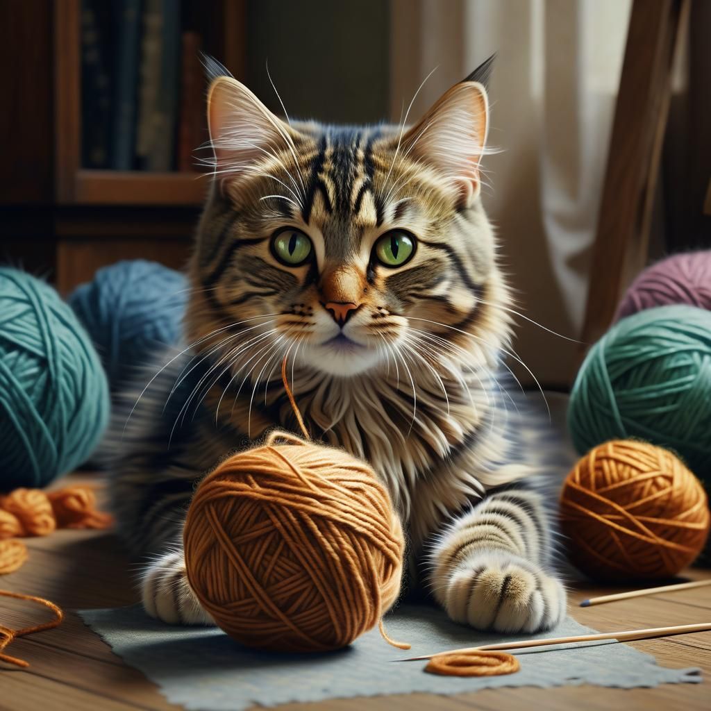 Fluffy Tabby Cat's Yarn Playtime: Hyperrealistic Digital Pai...