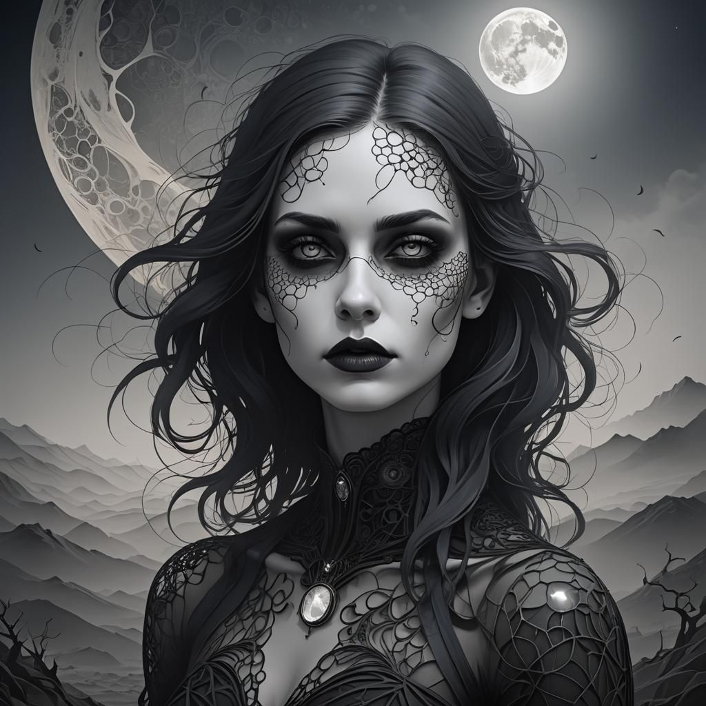 Gothic Woman in Desolate Landscape Illustration