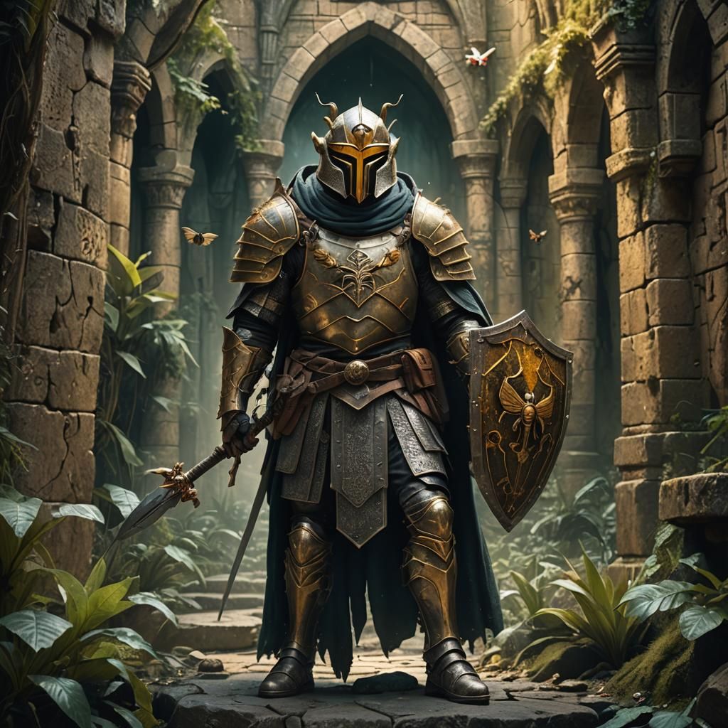 Medieval Bee Warrior in Jungle, Dark Fantasy Style