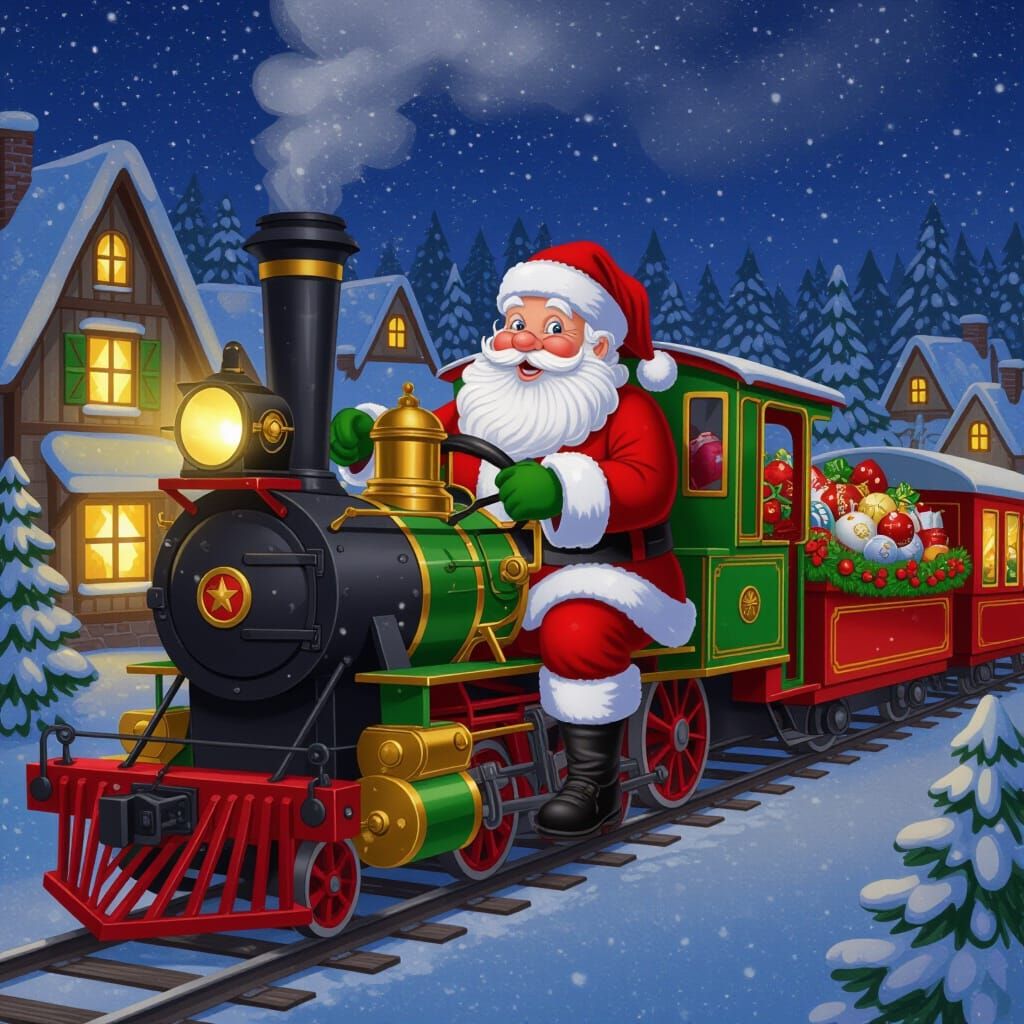 Santa Claus Drives Festive Steam Train Through Snowy Village