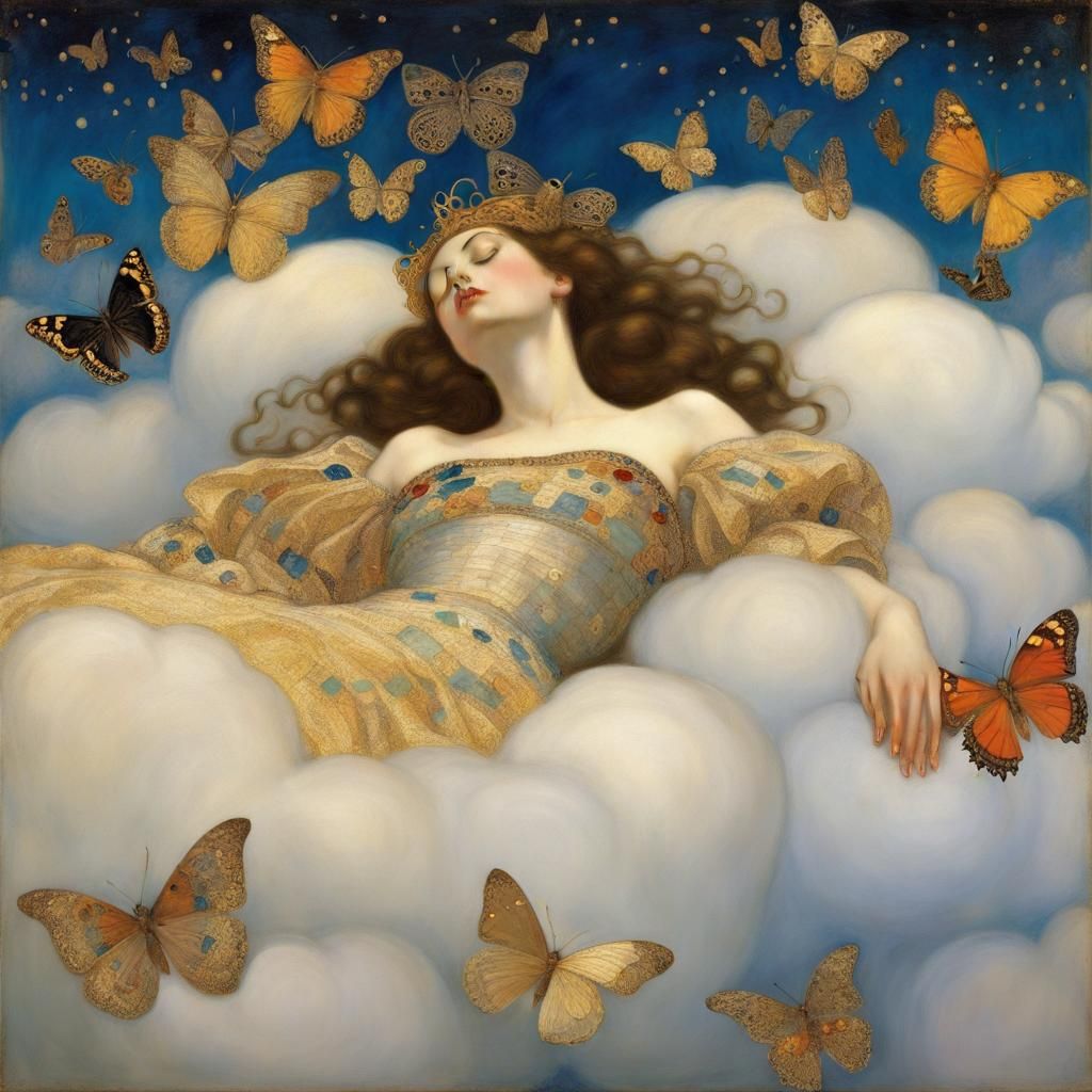 Sleeping Beauty in Clouds, Klimt-Inspired Ethereal Art