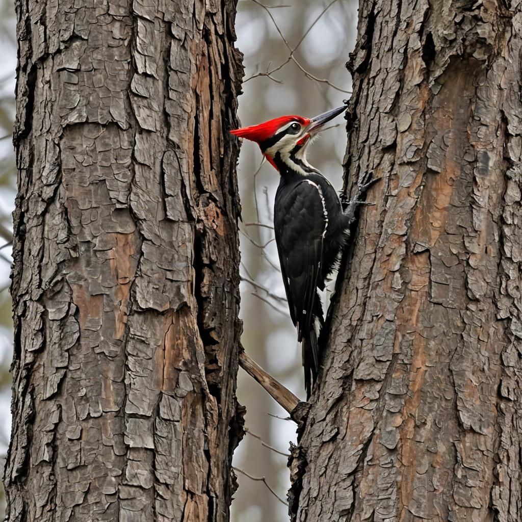 Pileated Woodpecker Pecking at a Tree