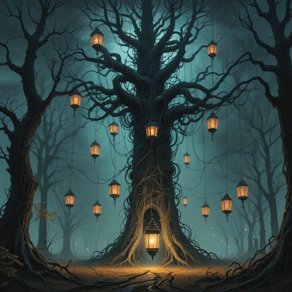 Luminous Lantern Tree in Whimsical Dreamscape