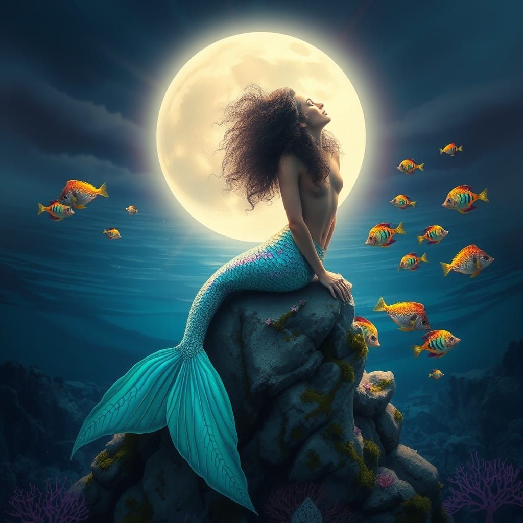 Moonlit Mermaid Contemplation in Enchanted Ocean Depths
