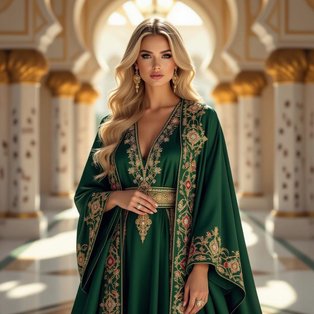 Regal Blonde in Opulent Abaya: Digital Art