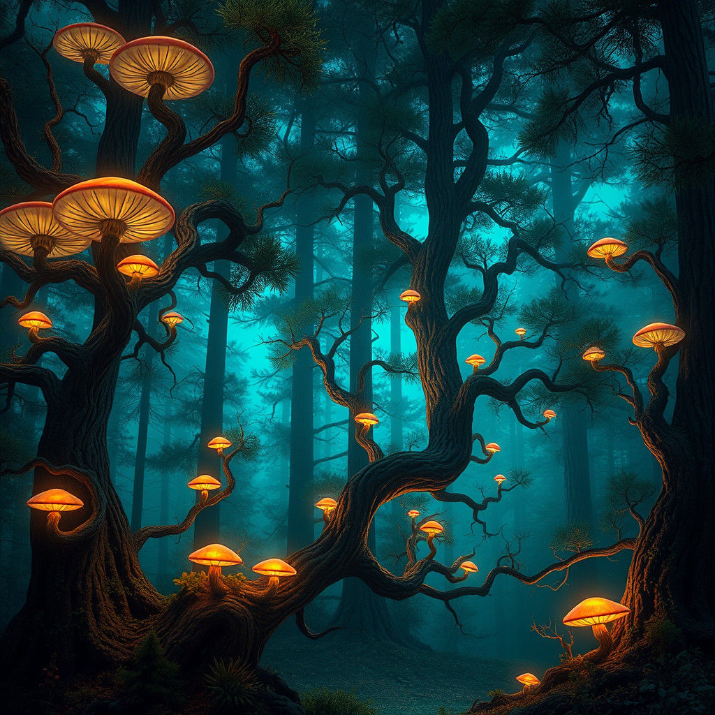 Mystical Fir Forest with Glowing Mushrooms