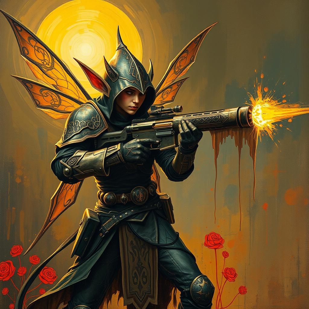 Fairy Elf Mercenary in Dystopian Impasto Style