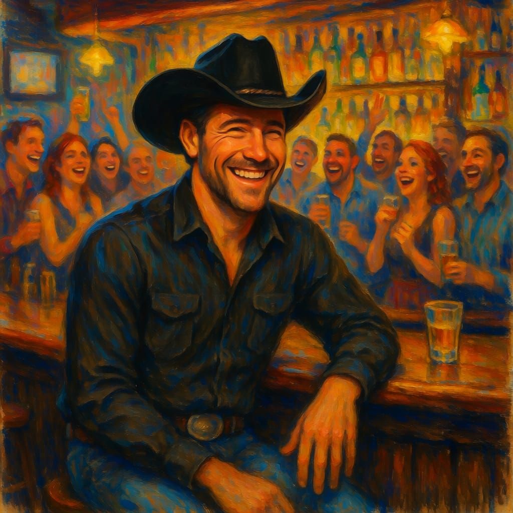 Smiling Cowboy at Bar in Impressionist Oil Painting