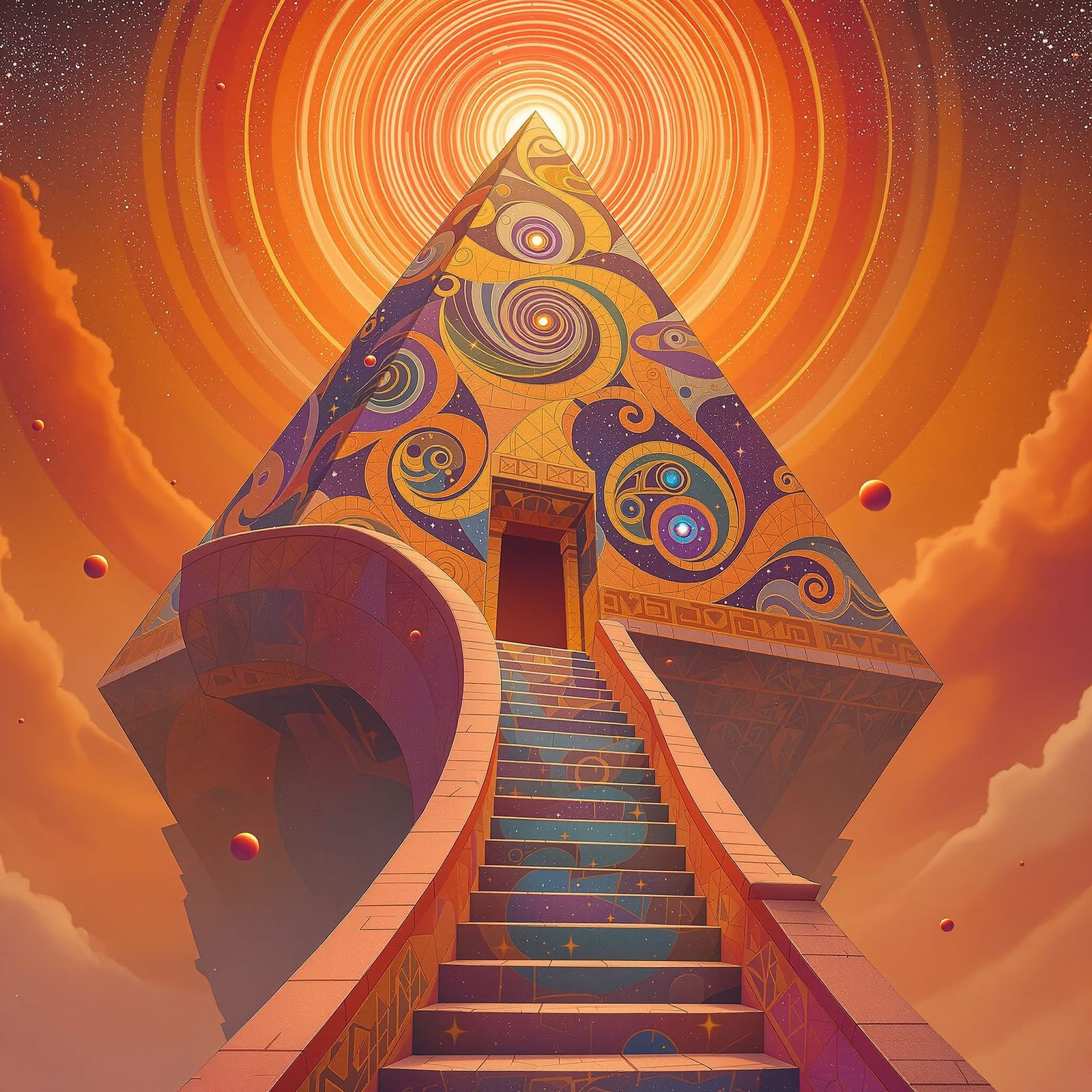 Psychedelic Pyramid Home with Woman and Red Sun