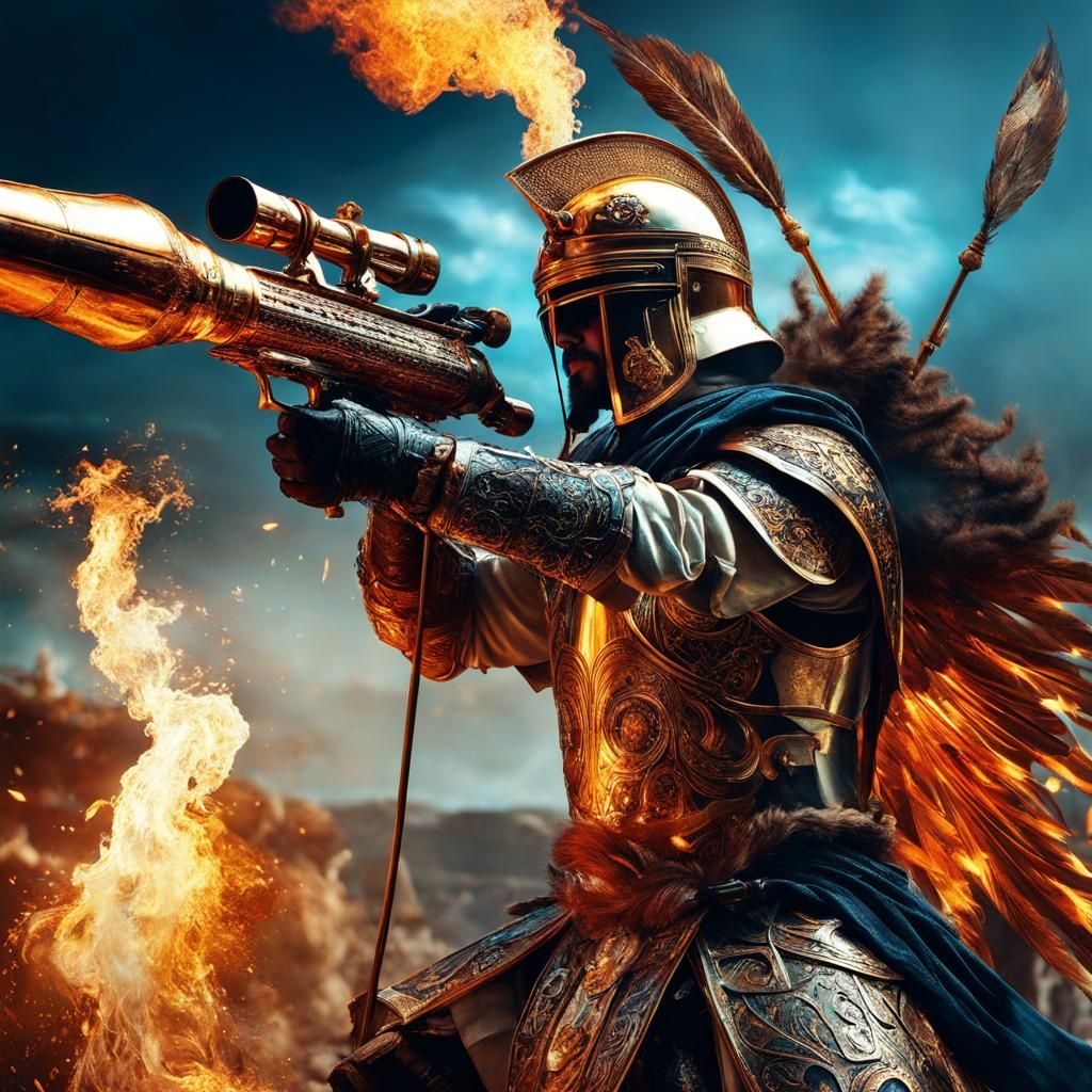 Byzantine Warrior with Flamethrower in Maximalist Style