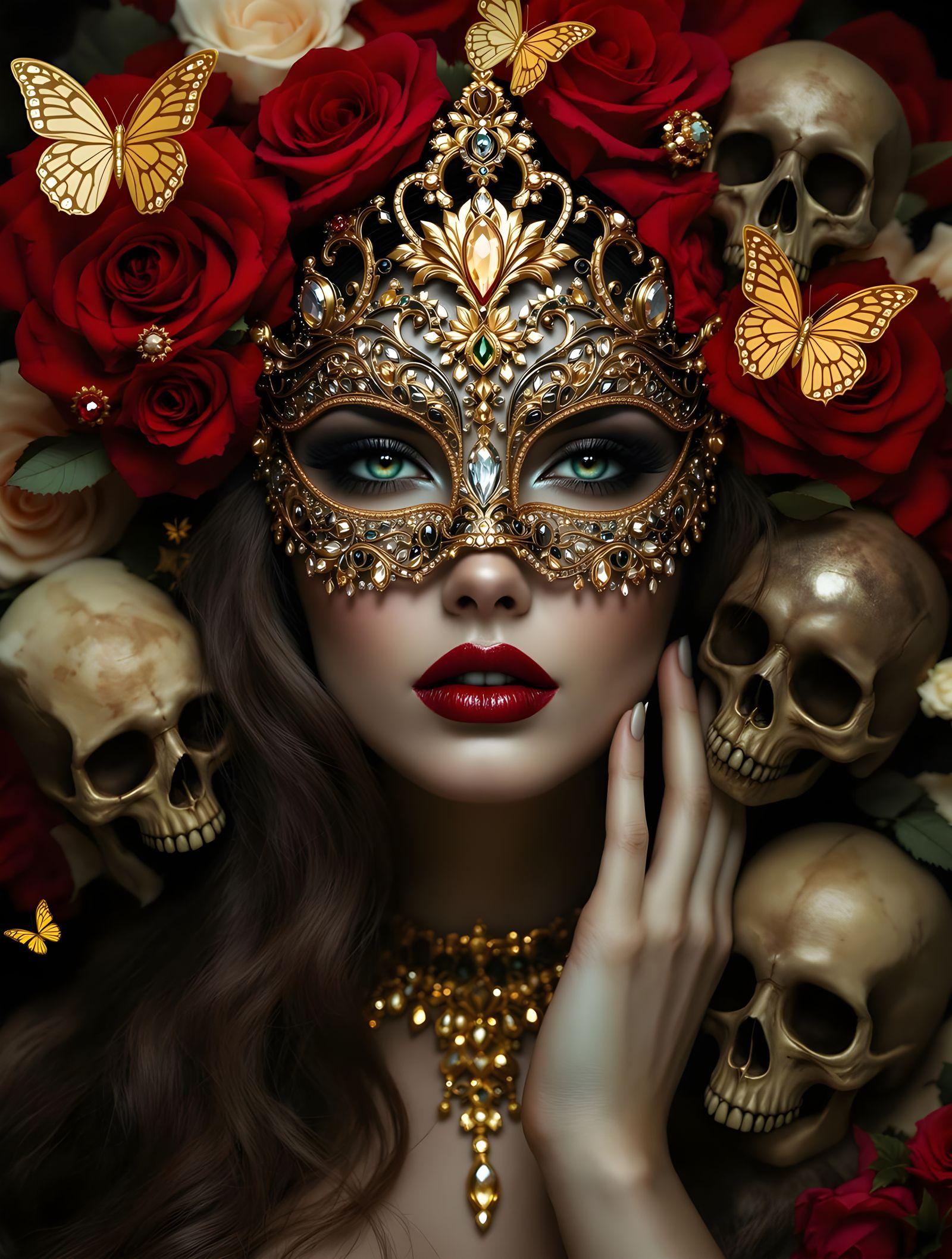 Woman Adorned with Gold Mask and Red Roses in Baroque Fantas...