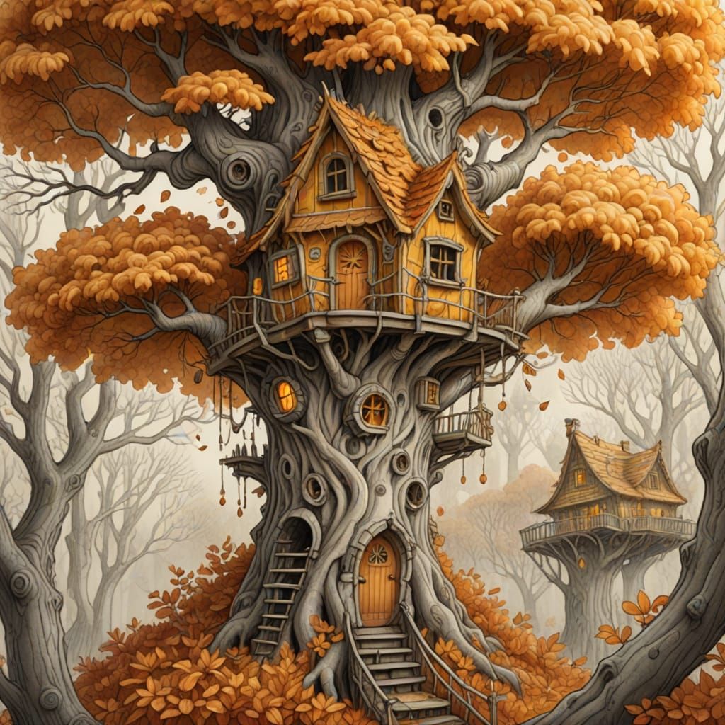 Treehouse in Autumn Forest: Detailed Pencil Sketch