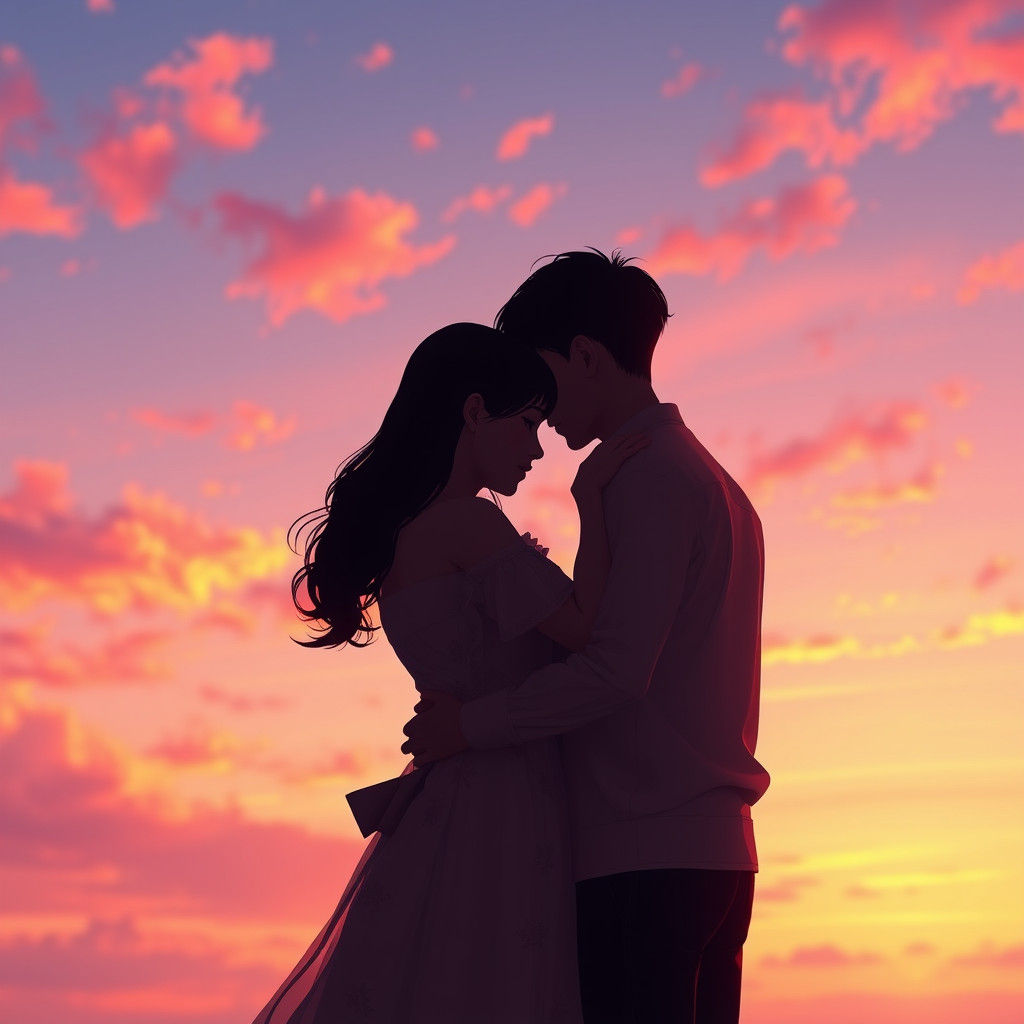 Romantic Sunset Silhouette in Anime Style