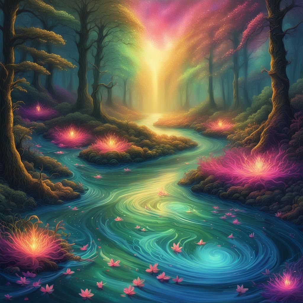 Fairies Swimming in a Glowing Forest Stream