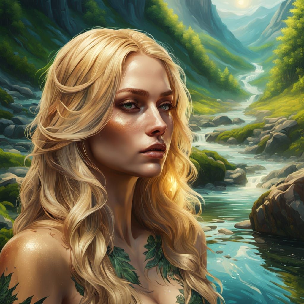 Fantasy Art: Woman with Tattoos in Mountain Stream