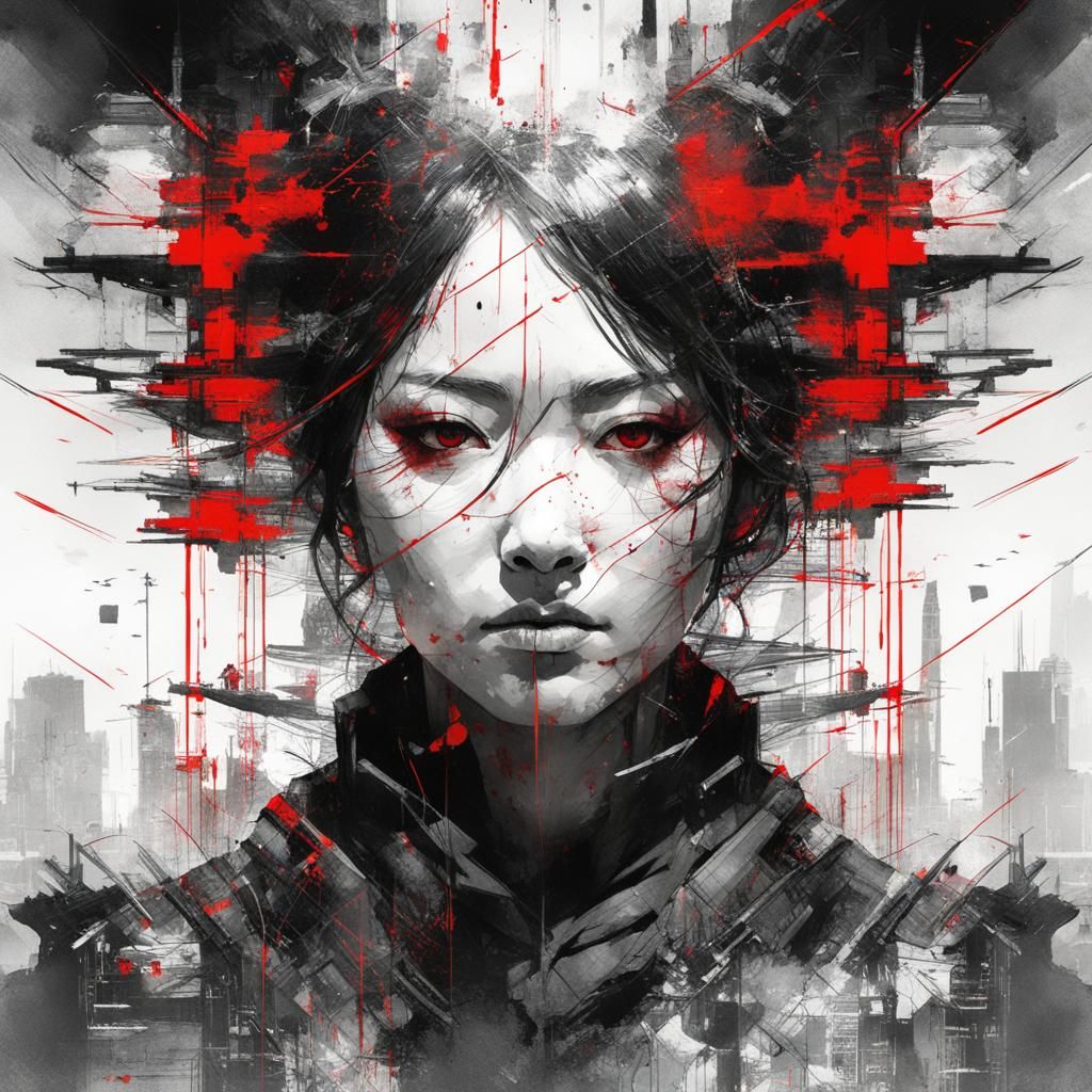 Fragmented Double Exposure Portrait with Red Splatter