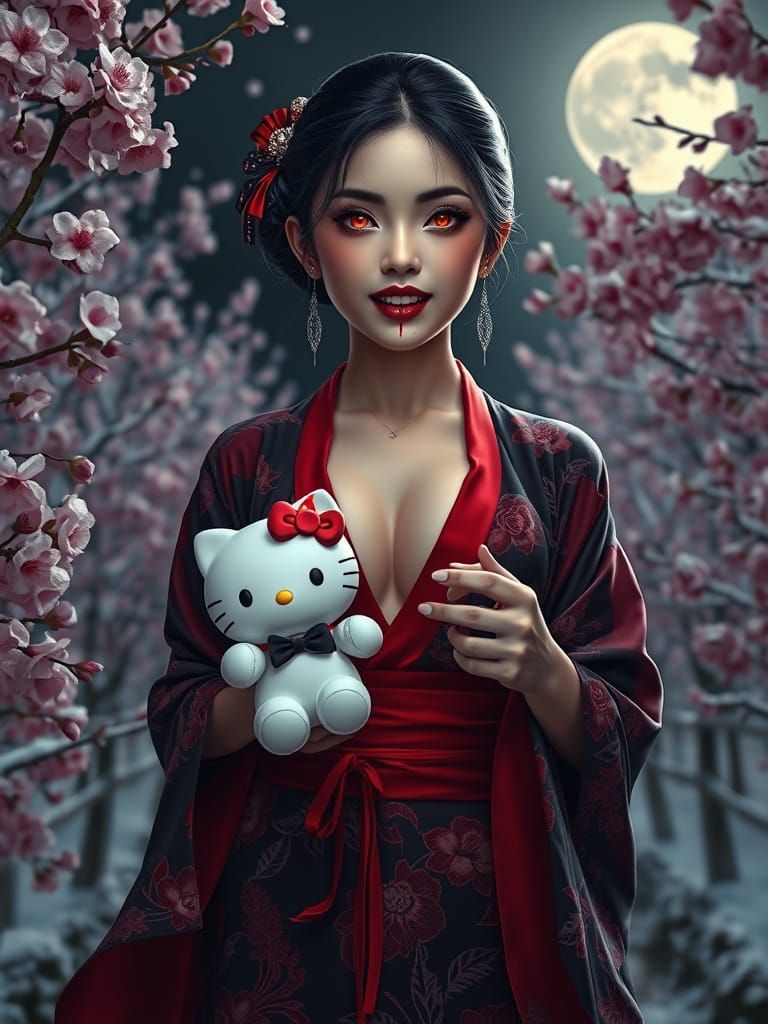 Vampire Woman in Sakura Garden with Hello Kitty Doll