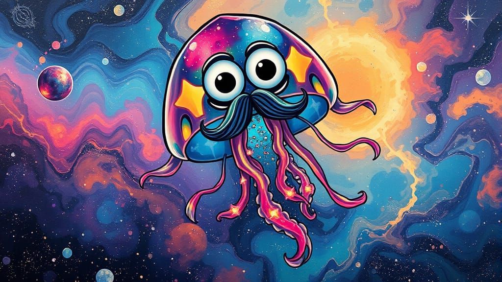 Cosmic Jellyfish with Mustache in Graffiti Art Style