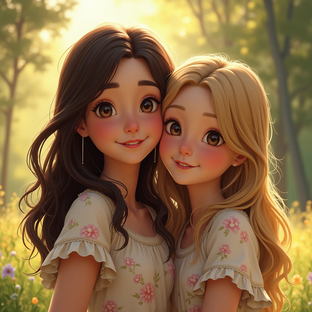Sisters' Heartwarming Portrait in Golden Sunlight