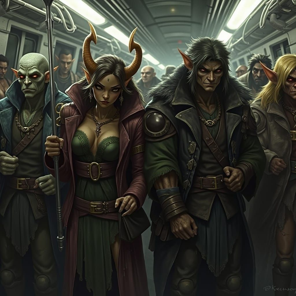 Diverse Fantasy Characters Unite on a Gritty Subway Train in...