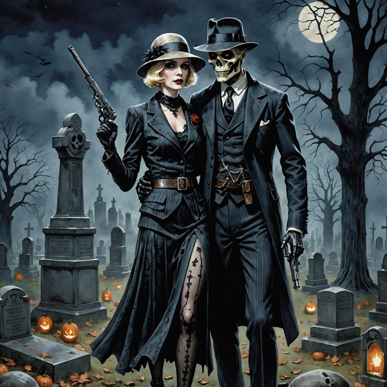 Gothic Cemetery Romance: Mummy Flapper and Skeleton Couple