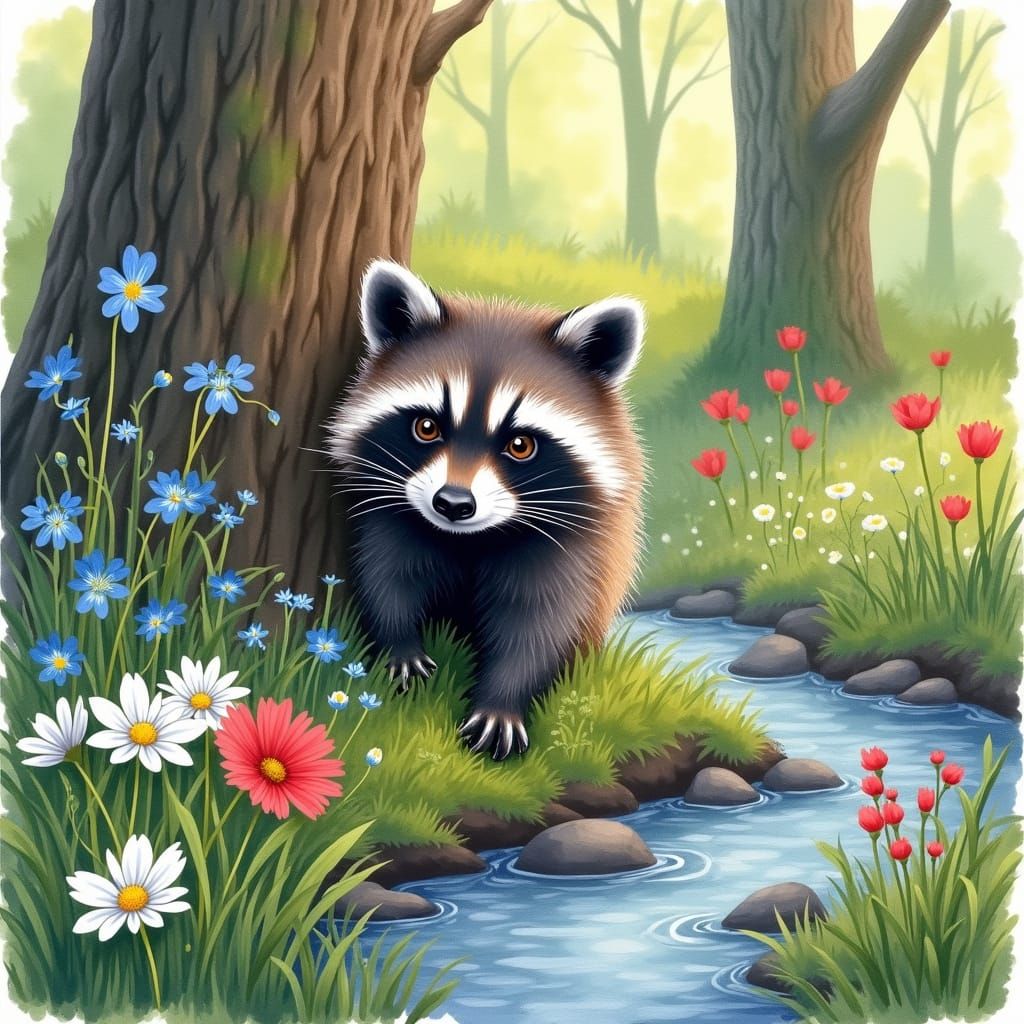 Watercolor Raccoon Peeks Out from Spring Forest