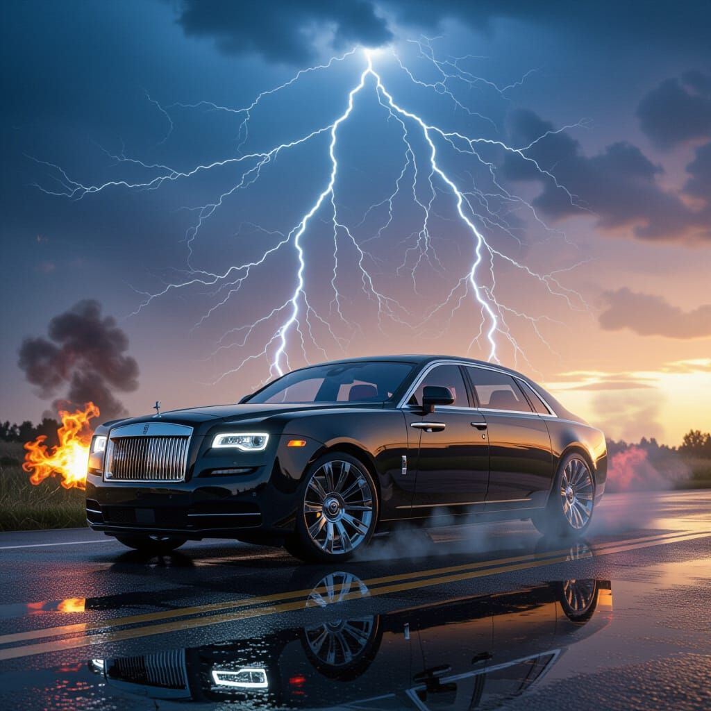 All-Black Sports Car with Red Interior and Lightning Sky