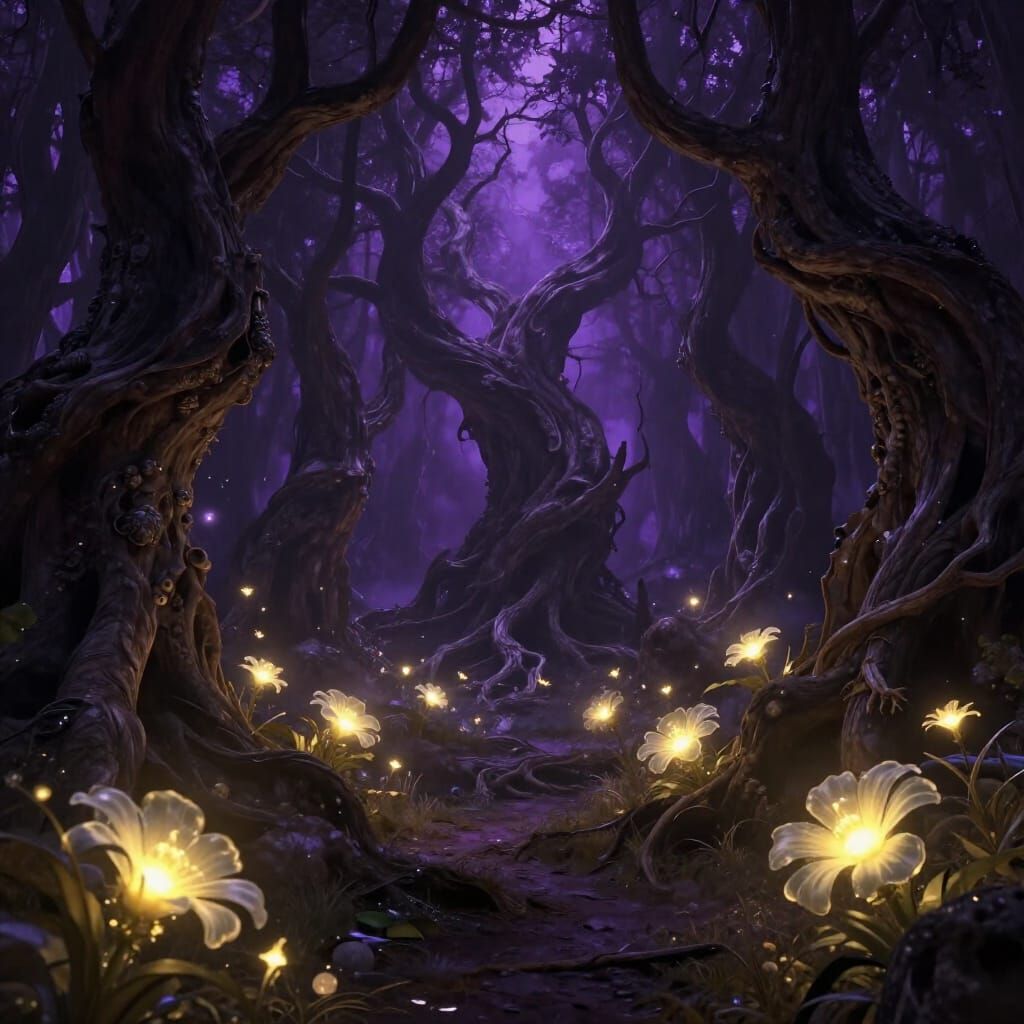 Ethereal Dark Forest with Glowing Flowers