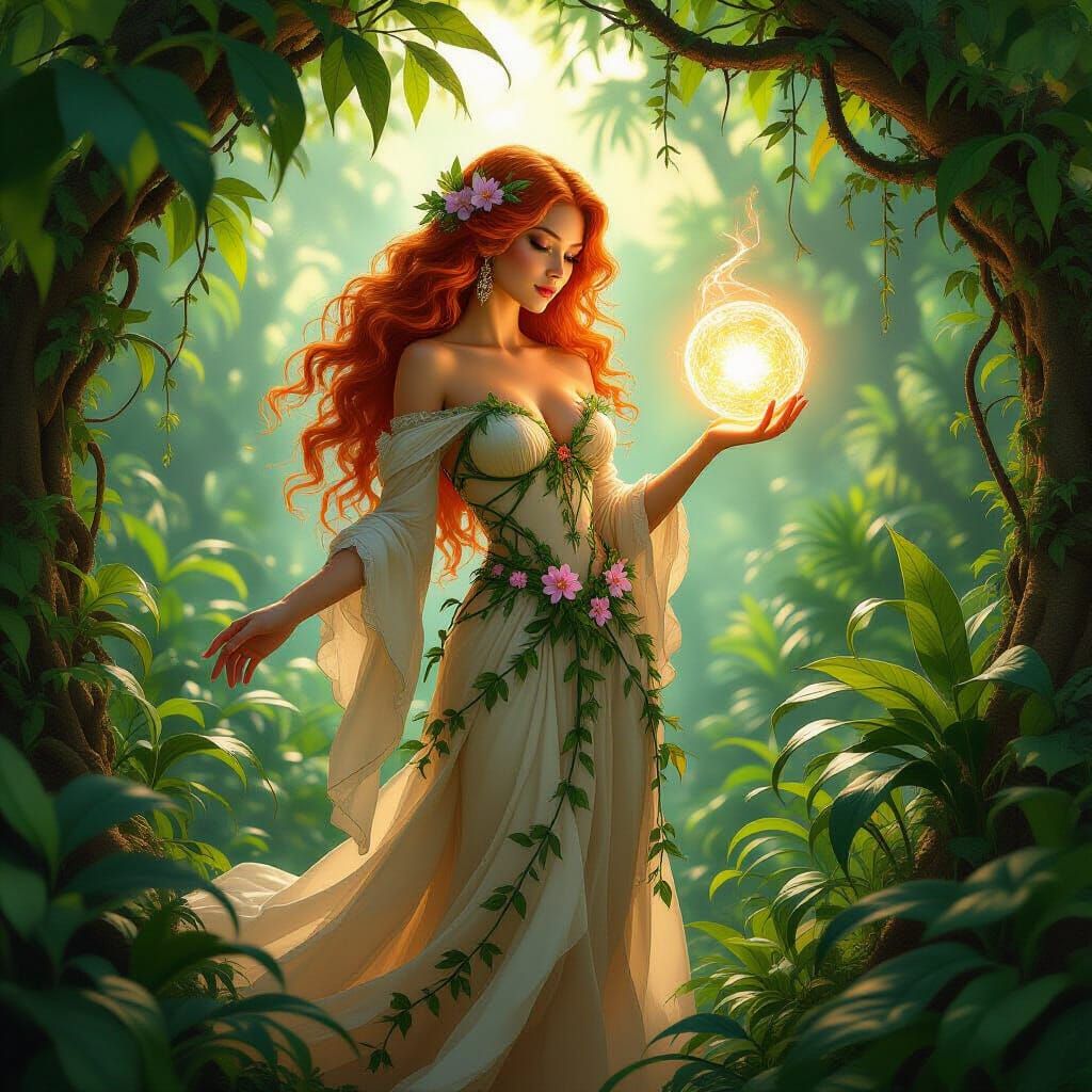 Red-Haired Sorceress in Jungle Clearing as Art Nouveau