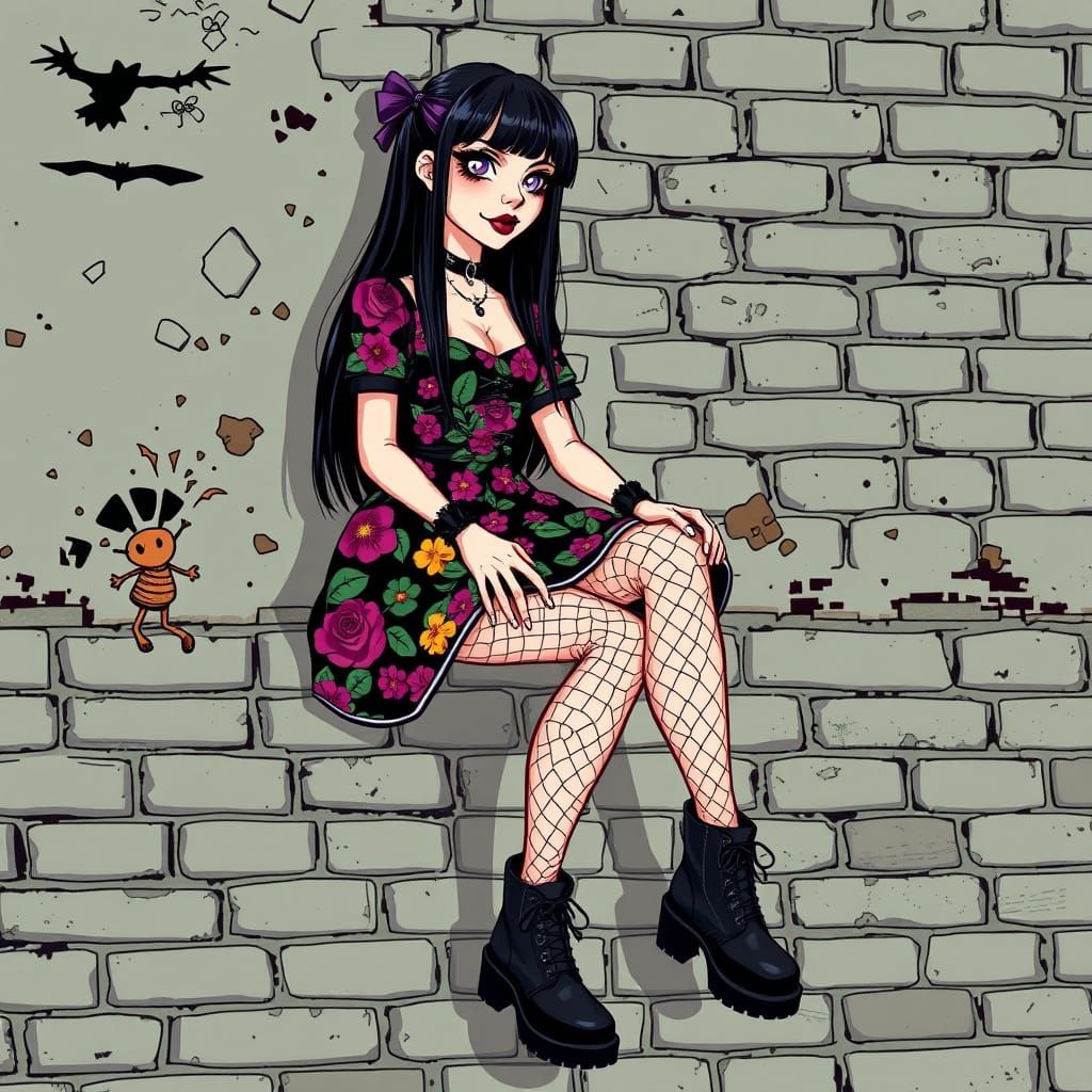 Gothic Woman on Brick Wall in Cel-Shaded Cartoon Style