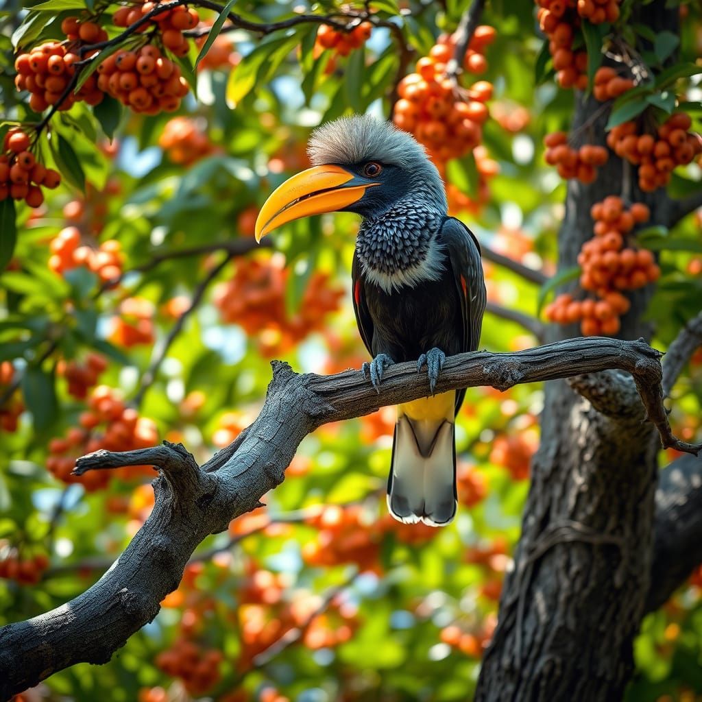 Grey-Hooded Hornbill Perched on Branch, Wildlife Photography