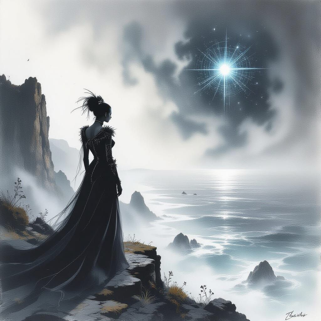 Figure in Bioluminescent Fashion on Starlit Ocean Cliff