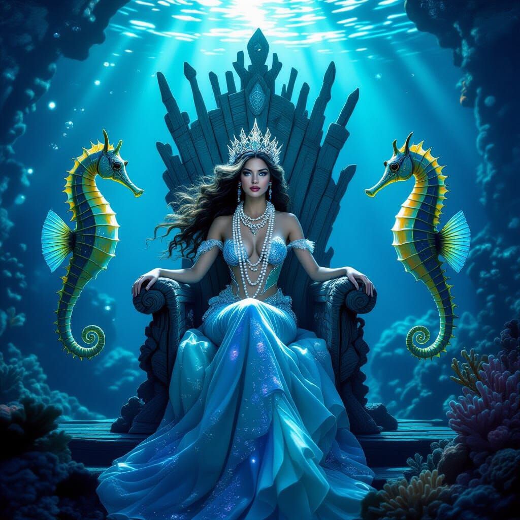 Mermaid Queen's Opulent Undersea Palace with Seahorse Guards