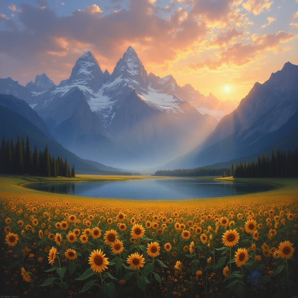 Grand Teton Sunrise Oil Painting with Sunflowers
