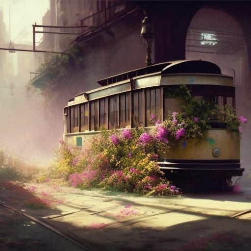 Floral Streetcar in Abandoned Town: Hyperdetailed Concept Ar...